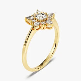 Floral Engagement Ring in 14K Solid Gold / Nature-Inspired Ring / 0.25 CT Round Moissanite with Pear Cluster / Vintage Stackable Ring