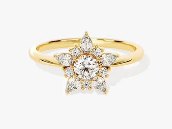 Floral Engagement Ring in 14K Solid Gold / Nature-Inspired Ring / 0.25 CT Round Moissanite with Pear Cluster / Vintage Stackable Ring