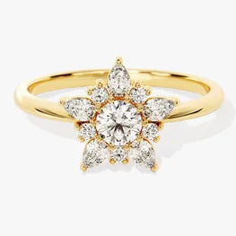 Floral Engagement Ring in 14K Solid Gold / Nature-Inspired Ring / 0.25 CT Round Moissanite with Pear Cluster / Vintage Stackable Ring