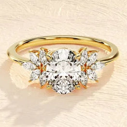 1.50 CT Oval Cut Moissanite Engagement Ring with Marquise Side Stones / 14K Solid Gold Plated Vintage-Inspired Ring / Marquise Cluster Ring