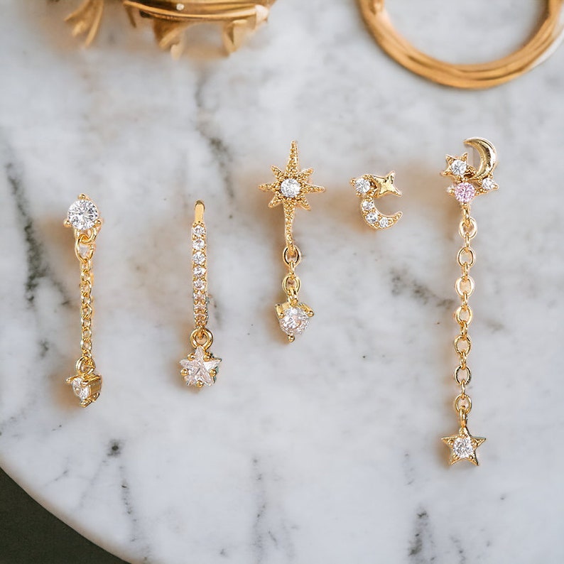 Unique Star & Moon Dangle Earring Set Delicated Personalized Gift Earring Set For Bride - Jay Amar Gems
