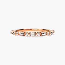 14K Gold Plated Baguette and Round Wedding Ring / Solid Gold Plated Half Eternity Wedding Band / Minimalist Stacking Ring for Women