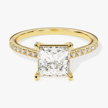 2 CT Princess Cut Engagement Ring / Moissanite Promise Ring with Round Cut Side Stones / 14K Solid Gold Plated Pave Set Ring for Women