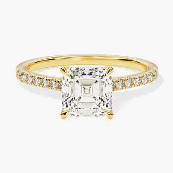 3 CT Asscher Cut Engagement Ring / Moissanite Ring Adorned with Round Cut Side Stones / Pave Set 14K Solid Gold Plated Ring for Women