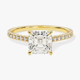 3 CT Asscher Cut Engagement Ring / Moissanite Ring Adorned with Round Cut Side Stones / Pave Set 14K Solid Gold Plated Ring for Women