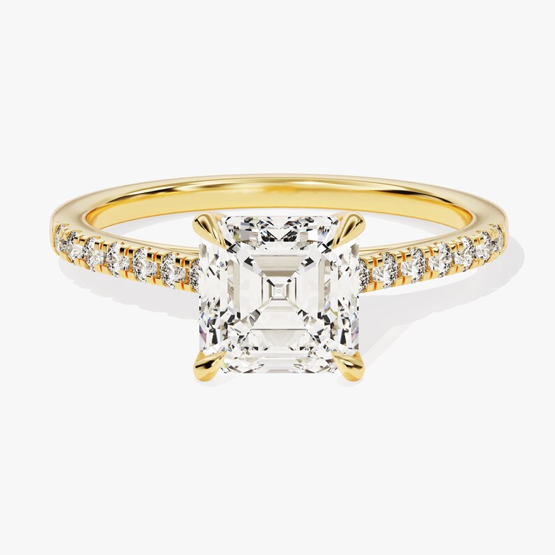3 CT Asscher Cut Engagement Ring / Moissanite Ring Adorned with Round Cut Side Stones / Pave Set 14K Solid Gold Plated Ring for Women - Jay Amar Gems