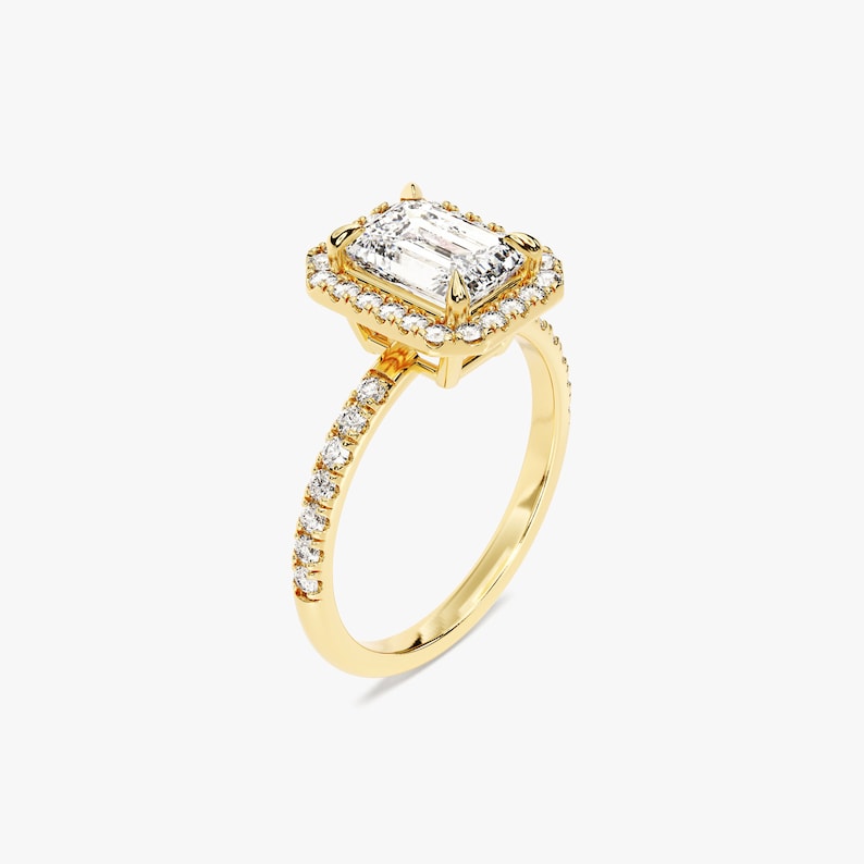 Emerald Cut Engagement Ring / Moissanite Ring with Round Cut Side Stones and Halo / 1 CT Pave Set / Solid Gold Plated Pave Set Ring
