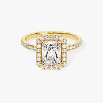 3 CT Radiant Cut Moissanite Engagement Ring / Side Stone Accented Ring with Halo in 14k Solid Gold Plated / Pave Set Engagement Ring