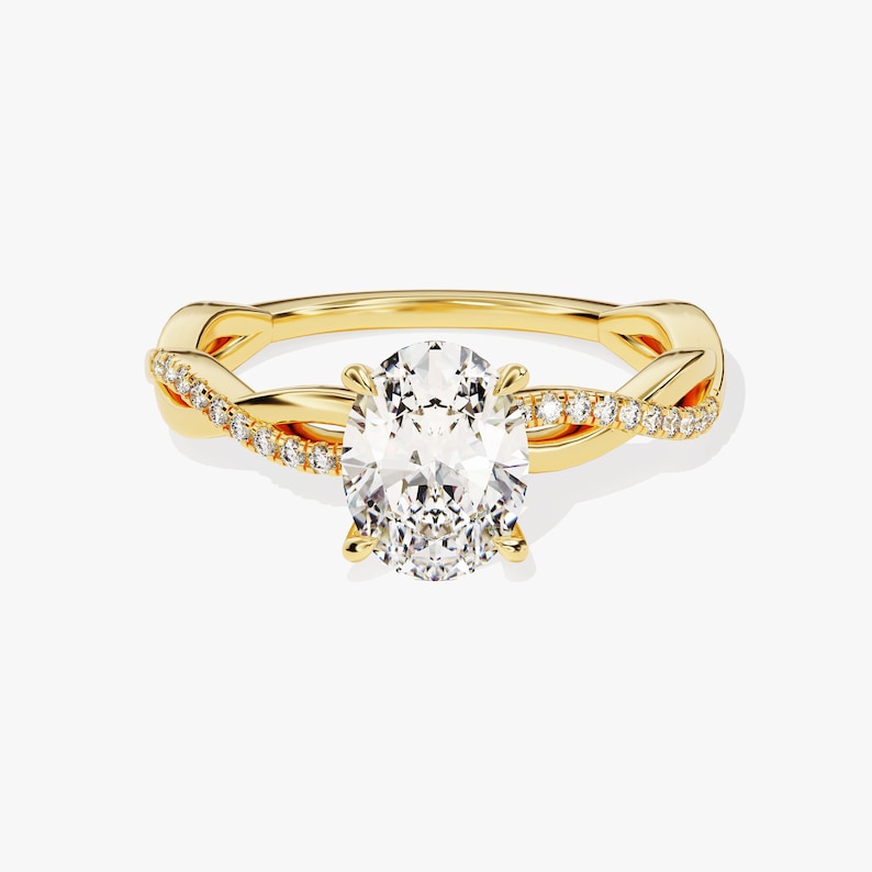 Petite Twist Oval Cut Moissanite Engagement Ring / 1 CT Twisted Ring in 14k Solid Gold Plated / Side Stone Accent Pave Set Ring