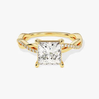Petite Twist Princess Cut Moissanite Engagement Ring / 3 CT Twisted Ring in 14k Solid Gold Plated / Side Stone Accent Pave Set Ring