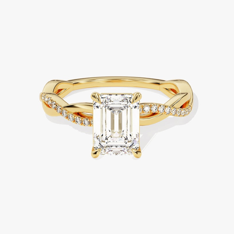Petite Twist Emerald Cut Moissanite Engagement Ring / 2 CT Twisted Ring in 14k Solid Gold Plated / Side Stone Accent Pave Set Ring
