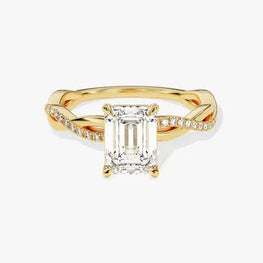 Petite Twist Emerald Cut Moissanite Engagement Ring / 3 CT Twisted Ring in 14k Solid Gold Plated / Side Stone Accent Pave Set Ring