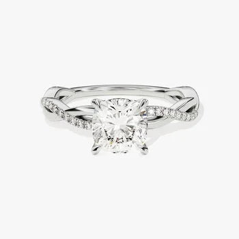 Petite Twist Cushion Cut Moissanite Engagement Ring / 2 CT Twisted Ring in 14k Solid Gold plated / Side Stone Accent Pave Set Ring