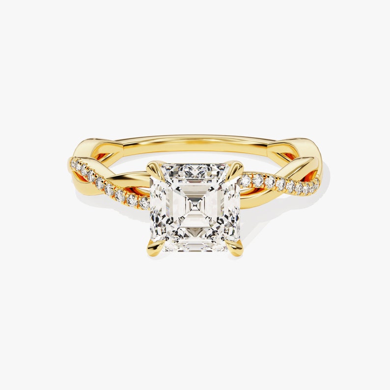 Petite Twist Asscher Cut Moissanite Engagement Ring / 3 CT Twisted Ring in 14k Solid Gold Plated / Side Stone Accent Pave Set Ring - Jay Amar Gems