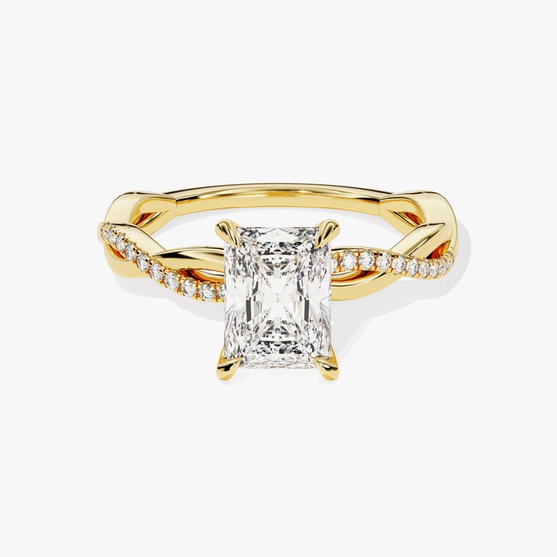 Petite Twist Radiant Cut Moissanite Engagement Ring / 1 CT Twisted Ring in 14k Solid Gold Plated / Side Stone Accent Pave Set Ring