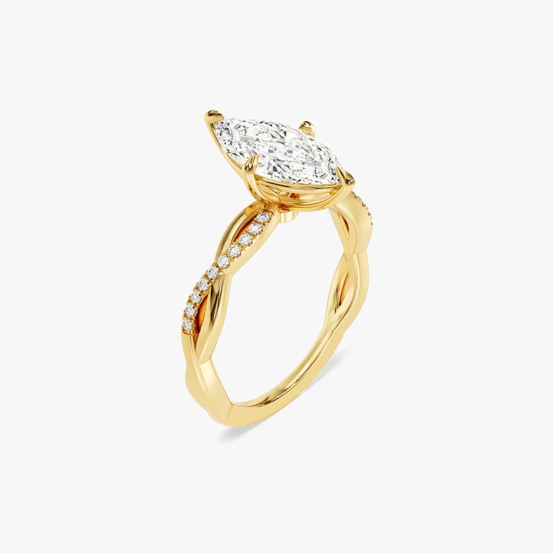 Petite Twist Marquise Cut Moissanite Engagement Ring / 2 CT Twisted Ring in 14k Solid Gold Plated / Side Stone Accent Pave Set Ring