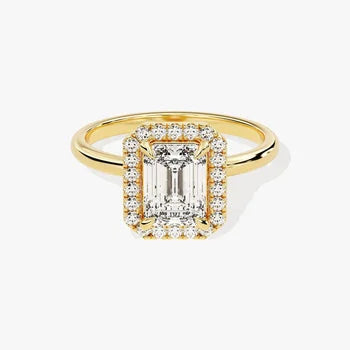 2 CT Emerald Cut Halo Moissanite Engagement Ring / 14k Solid Gold Plated Ring Adorned with Halo / Promise Ring for Women