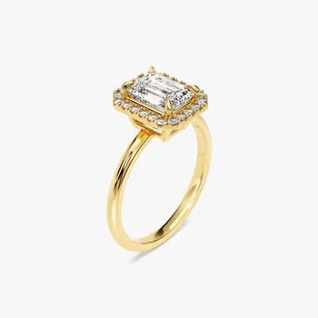 3 CT Emerald Cut Halo Moissanite Engagement Ring / 14k Solid Gold Plated Ring Adorned with Halo / Promise Ring for Women
