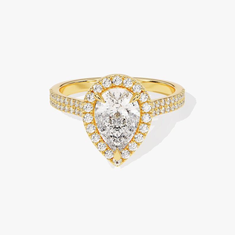 Double Shank Pear Halo Moissanite Engagement Ring / 3 CT Pear Shape Moissanite Ring / 14k Solid Gold Plated Ring with Pave Set Moissanite Ring - Jay Amar Gems
