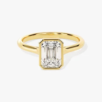 Bezel 1.5 CT Emerald Cut Solitaire Moissanite Engagement Ring / 14k Solid Gold Plated Solo Ring / Thin Band Promise Ring for Women