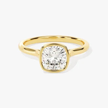 Bezel 2 CT Cushion Cut Solitaire Moissanite Engagement Ring / 14k Solid Gold Plated Solo Ring / Thin Band Promise Ring for Women