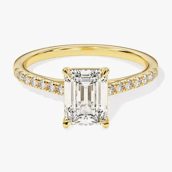 2 CT Emerald Cut Engagement Ring / Moissanite Engagement Ring with Round Cut Side Stones / Pave Set 14K Solid Gold Plated Ring for Women