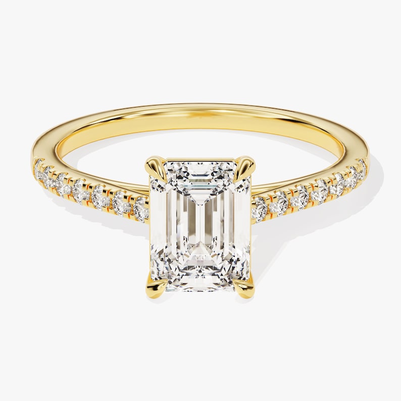 3 CT Emerald Cut Engagement Ring / Moissanite Engagement Ring with Round Cut Side Stones / Pave Set 14K Solid Gold Plated Ring for Women - Jay Amar Gems