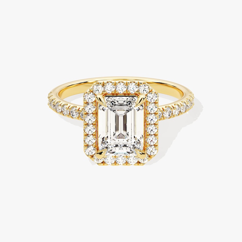 Emerald Cut Engagement Ring / Moissanite Ring with Round Cut Side Stones and Halo / 1 CT Pave Set / Solid Gold Plated Pave Set Ring