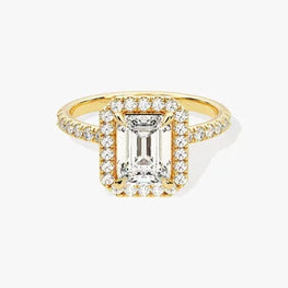 Emerald Cut Engagement Ring / Moissanite Ring with Round Cut Side Stones and Halo / 1 CT Pave Set / Solid Gold Plated Pave Set Ring