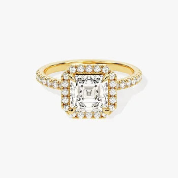 1 CT Asscher Cut Moissanite Engagement Ring / Side Stone Accented Ring with Halo in 14k Solid Gold Palted / Pave Set Ring for Women