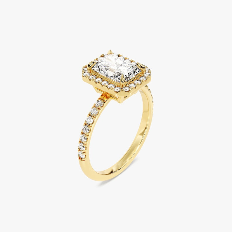 2 CT Radiant Cut Moissanite Engagement Ring / Side Stone Accented Ring with Halo in 14k Solid Gold Plated / Pave Set Engagement Ring