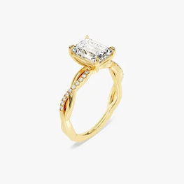 Petite Twist Emerald Cut Moissanite Engagement Ring / 2 CT Twisted Ring in 14k Solid Gold Plated / Side Stone Accent Pave Set Ring