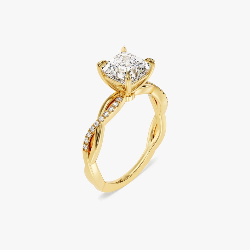 Petite Twist Asscher Cut Moissanite Engagement Ring / 3 CT Twisted Ring in 14k Solid Gold Plated / Side Stone Accent Pave Set Ring - Jay Amar Gems
