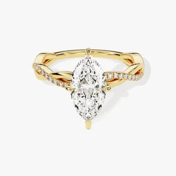 Petite Twist Marquise Cut Moissanite Engagement Ring / 3 CT Twisted Ring in 14k Solid Gold Plated / Side Stone Accent Pave Set Ring
