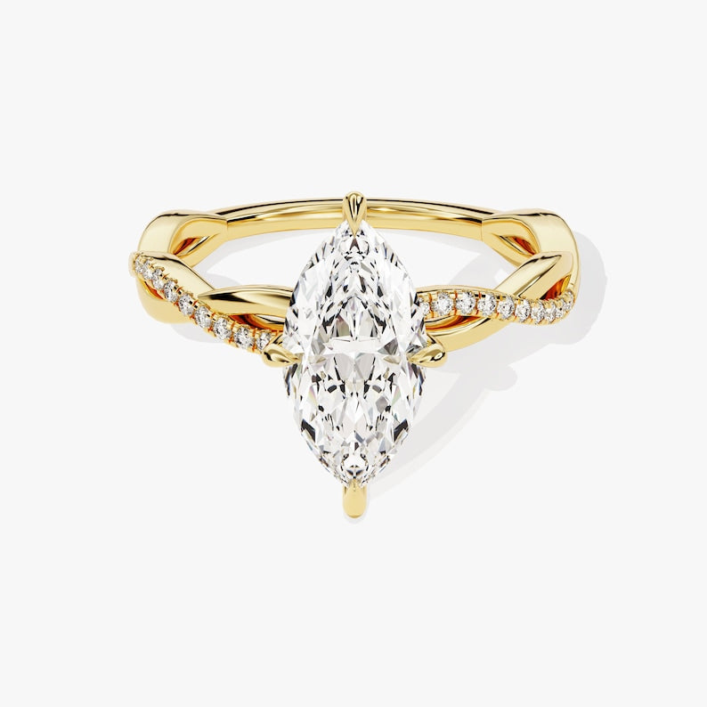 Petite Twist Marquise Cut Moissanite Engagement Ring / 2 CT Twisted Ring in 14k Solid Gold Plated / Side Stone Accent Pave Set Ring - Jay Amar Gems