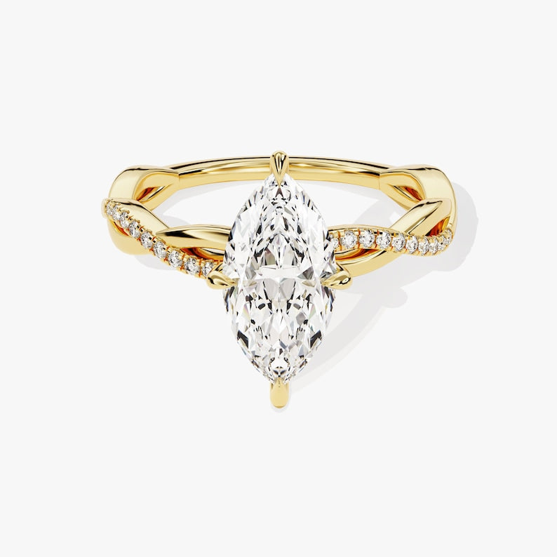 Petite Twist Marquise Cut Moissanite Engagement Ring / 1 CT Twisted Ring in 14k Solid Gold Plted / Side Stone Accent Pave Set Ring