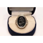 Victorian cameo ring in black onyx with hand carved lady design set in solid gold vintage style jewelry
