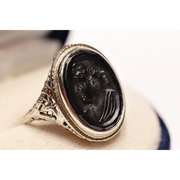 Victorian cameo ring in black onyx with hand carved lady design set in solid gold vintage style jewelry