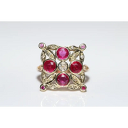 Lab created gemstone diamond ring with pink center stone and sparkling white diamonds in gold setting