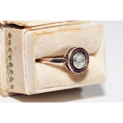 Classic lab created gemstone diamond ring with pink gemstone and sparkling white diamond halo