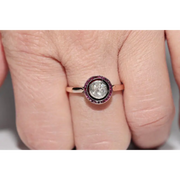 Classic lab created gemstone diamond ring with pink gemstone and sparkling white diamond halo