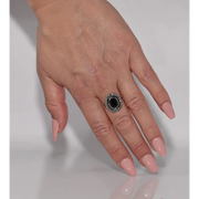 Lab created gemstone diamond ring with cushion cut pink stone and brilliant white diamond band