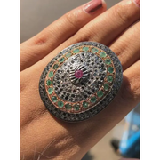 Oval Vintage Statement Ring – Ruby, Emerald & Black Diamond Cocktail Ring | 1999s Antique Sterling Silver Jewelry