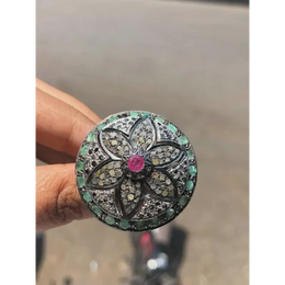 Round cut ruby ring with pink and black gemstones, vintage 925 sterling silver promise and engagement ring for women