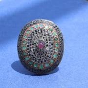 Oval Vintage Statement Ring – Ruby, Emerald & Black Diamond Cocktail Ring | 1999s Antique Sterling Silver Jewelry