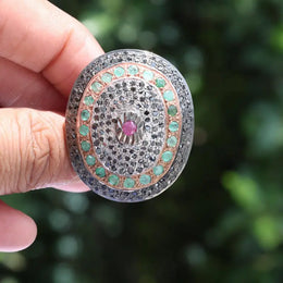Oval vintage sterling silver statement ring with ruby, emerald, and black diamond gemstones, 1999s antique cocktail jewelry