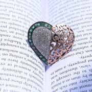 Heart shaped vintage sterling silver ring with green emerald and natural diamond accents, classic cocktail jewelry gift for her
