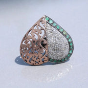 Heart Shaped Vintage Sterling Silver Ring | Green Emerald & Natural Diamond Cocktail Ring | Classic Statement Jewelry Gift for Her