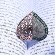 Heart Shaped Vintage Sterling Silver Ring | Green Emerald & Natural Diamond Cocktail Ring | Classic Statement Jewelry Gift for Her