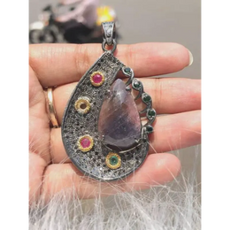 Art Deco sterling silver pendant with amethyst teardrop, pink ruby and emerald accents, handmade unique jewelry gift